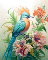 a colorful bird on a branch with flowers