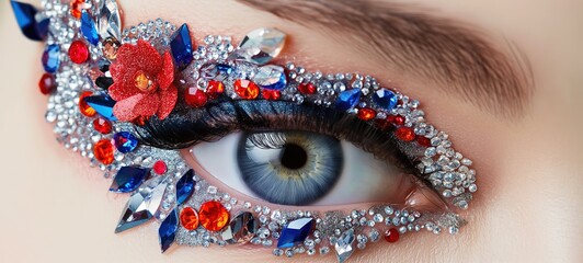 beautiful eyes make up, woman wearing glitter glow eyeshadows with red blue gem  , Generative Ai - obrazy, fototapety, plakaty