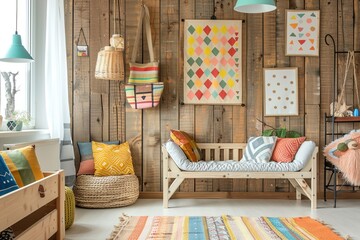 Natural bright interior for kids room with wooden furniture, designer accessories and posters on a wooden wall