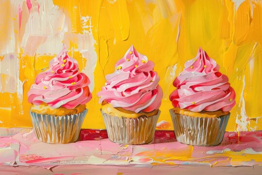 A painting of three delicious cupcakes with pink frosting. Perfect for bakery advertisements
