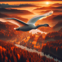 swan flying high autumn landscape