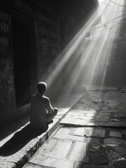 Street photography focusing on the play of light and shadow in an Indian alleyway.