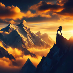 man reaching summit high mountain peak
