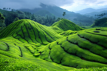 Tea Plantation in Cameron Highlands, Malaysia,
View of tea plantation in sunsetsunrise time in
 - obrazy, fototapety, plakaty