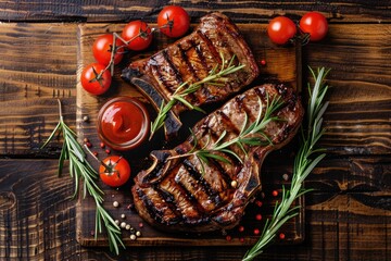 Freshly grilled steak and ripe tomatoes on a wooden cutting board, perfect for food blogs and recipe websites