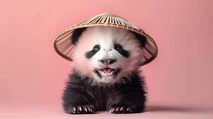 Surreal of Smiling Baby Panda Wearing Tiny Bamboo Hat on Plain Light Pink Background