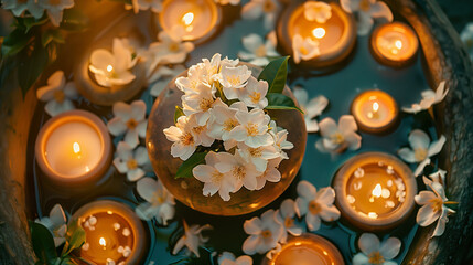 Candlelight jasmine flowers arrangement for relaxation. 