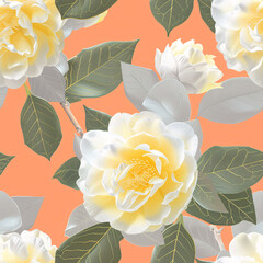 seamless pattern of Yellow Camellias with Leafy Accents