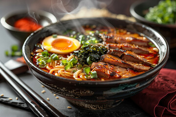 Spicy ramen bowl with charred pork belly. 