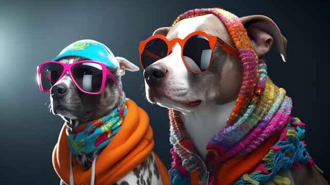 Dogs in Funky Attire with Sunglasses: 8K Photorealistic Image