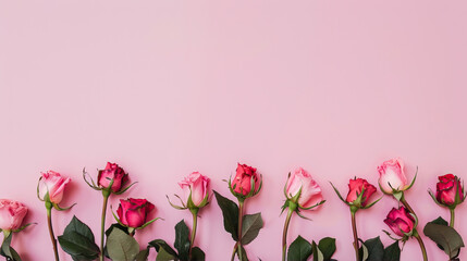 Obraz na płótnie Canvas Pink background with roses along the bottom edge 