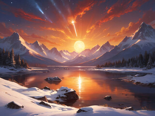 Sunset Over Snow-Capped Mountains by a Lake

 - obrazy, fototapety, plakaty