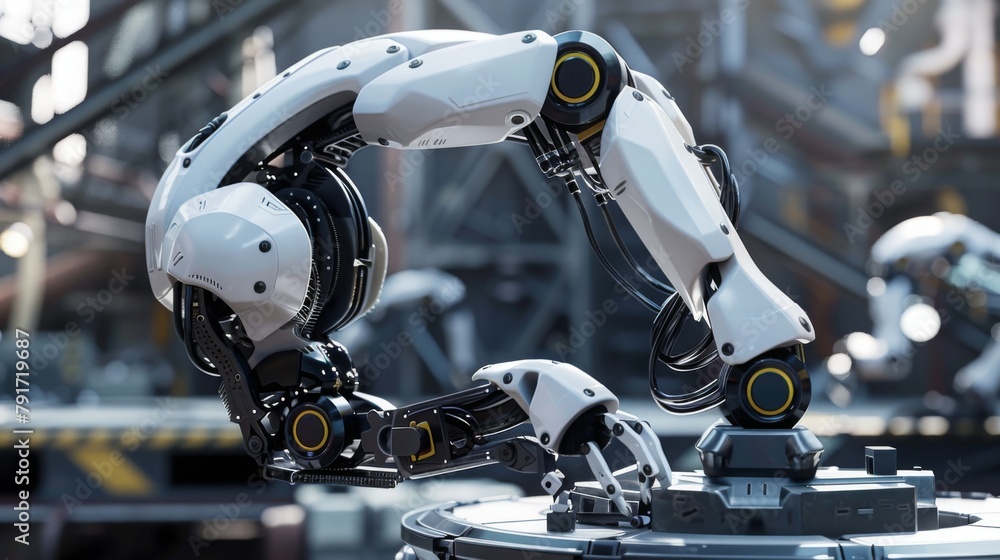 Poster industrial robot arm in factory environment