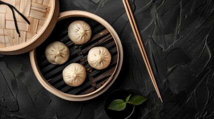 Fototapeta na wymiar Traditional dumplings in a wooden bowl with chopsticks. Perfect for Asian cuisine concepts