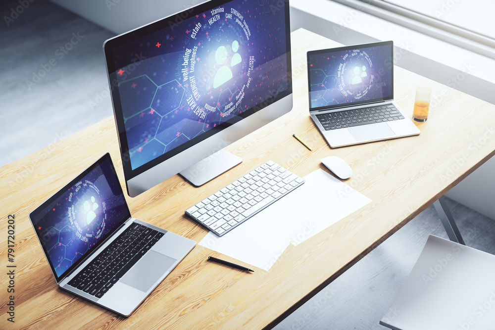 Aufkleber creative abstract people icons hologram on modern computer monitor, life and health insurance concep
