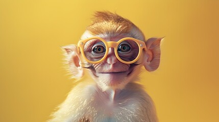 Delightful Simian in Banana Shaped Sunglasses Smiling on Sunny Yellow Background