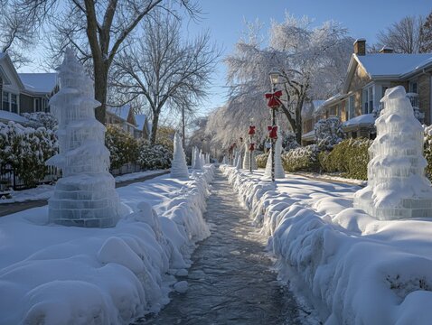 A street with a row of ice sculptures of trees. The snow is piled up on the sidewalk and the street