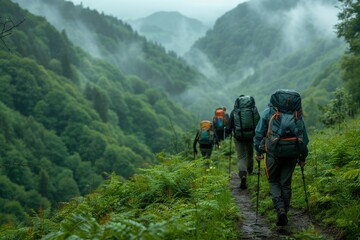 Obraz premium A group of four backpackers are hiking up a mountain trail