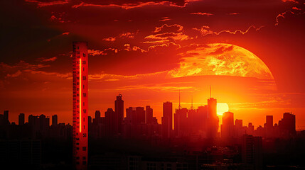 Orange sky ablaze behind a city's silhouette at dusk - obrazy, fototapety, plakaty