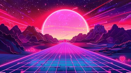 Retrofuturistic cyber landscape of arcade video game with heart panorama. Synthwave/ vaporwave/ retrowave style illustration