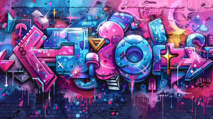 Abstract graffiti with retro video game elements, blue purple palette.