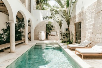 Luxurious indoor courtyard oasis with pool, palm trees, and white lounge chairs surrounded by serene ambiance