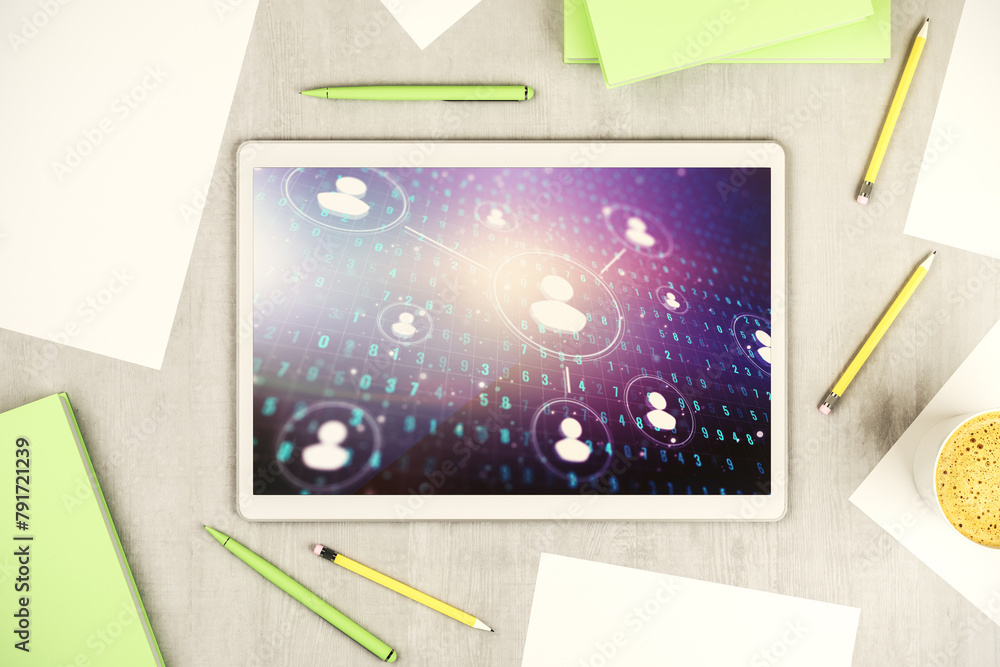 Aufkleber social network concept on modern digital tablet screen. top view. 3d rendering