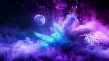 Mystical Nebula Bloom: Enchanting Space Flower with Moon - Cosmic Artwork for Fantasy Worlds and Dreamlike Wall Murals