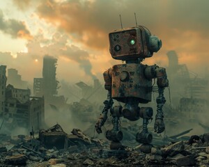 A lone robot in a post apocalyptic area standing in the wrecked city