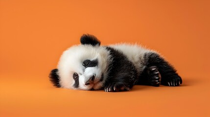 Adorable Sleeping Panda Bear Resting on Vibrant Orange Background in Professional Studio Setting