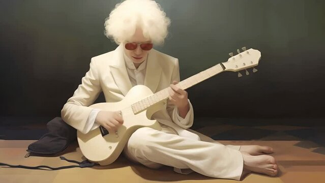 Attractive talented young albino man with white hair plays the guitar