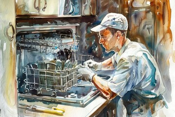 A watercolor painting of a man fixing a dishwasher. Ideal for home improvement projects - obrazy, fototapety, plakaty