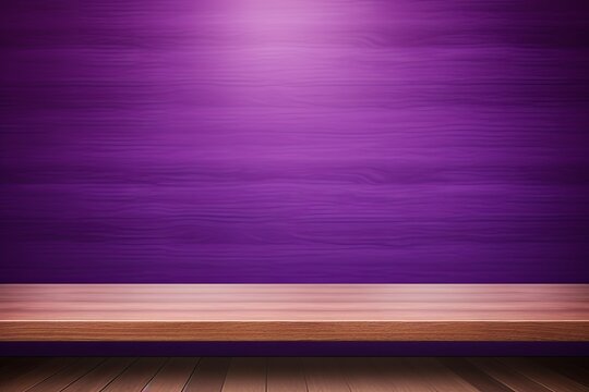 Purple background with a wooden table, product display template. purple background with a wood floor. Purple and white photo of an empty room
