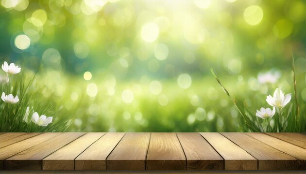 Spring Green Abstract Background with Bokeh Light and Wooden Table Top