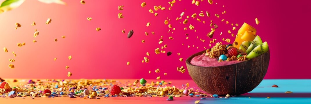 A dynamic image of floating cereal pieces explosion from a colorful acai smoothie bowl on a vibrant gradient background
