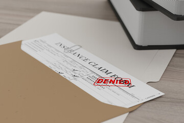 Document with denied stamp  put on the  wooden table