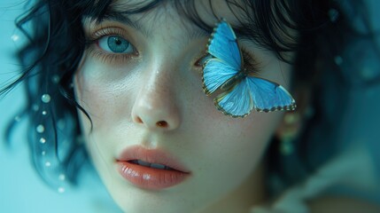 beautiful eyes make up, woman wearing glitter glow eyeshadows with butterfly , Generative Ai - obrazy, fototapety, plakaty