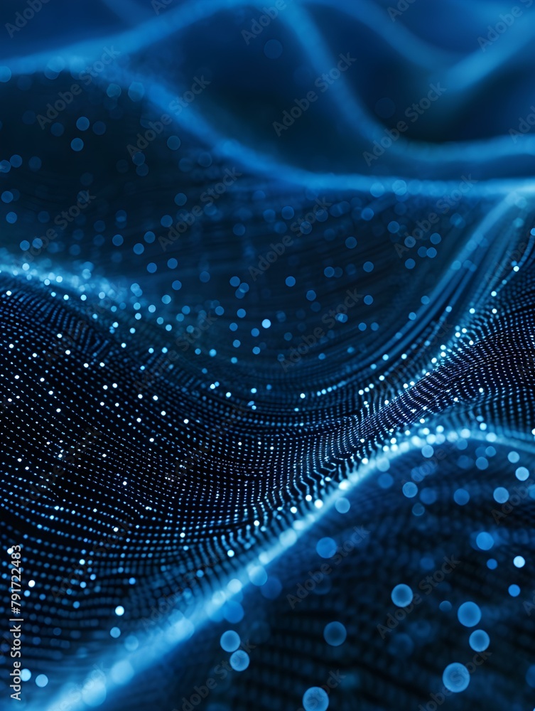 Poster blurred data science wallpaper in navy blue colors. abstract network of dots and lines