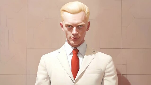 Sexy attractive albino man with white hair and in a business suit looks at the camera
