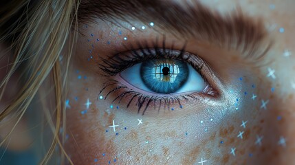 beautiful eyes make up, woman wearing blue glitter glow eyeshadows, Generative Ai - obrazy, fototapety, plakaty