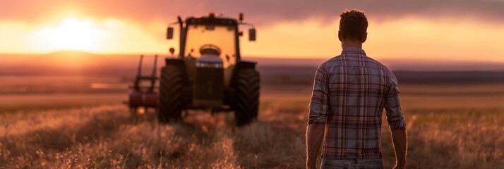 A lone farmer stands contemplatively in a field, with a tractor and stunning sunset behind him - obrazy, fototapety, plakaty