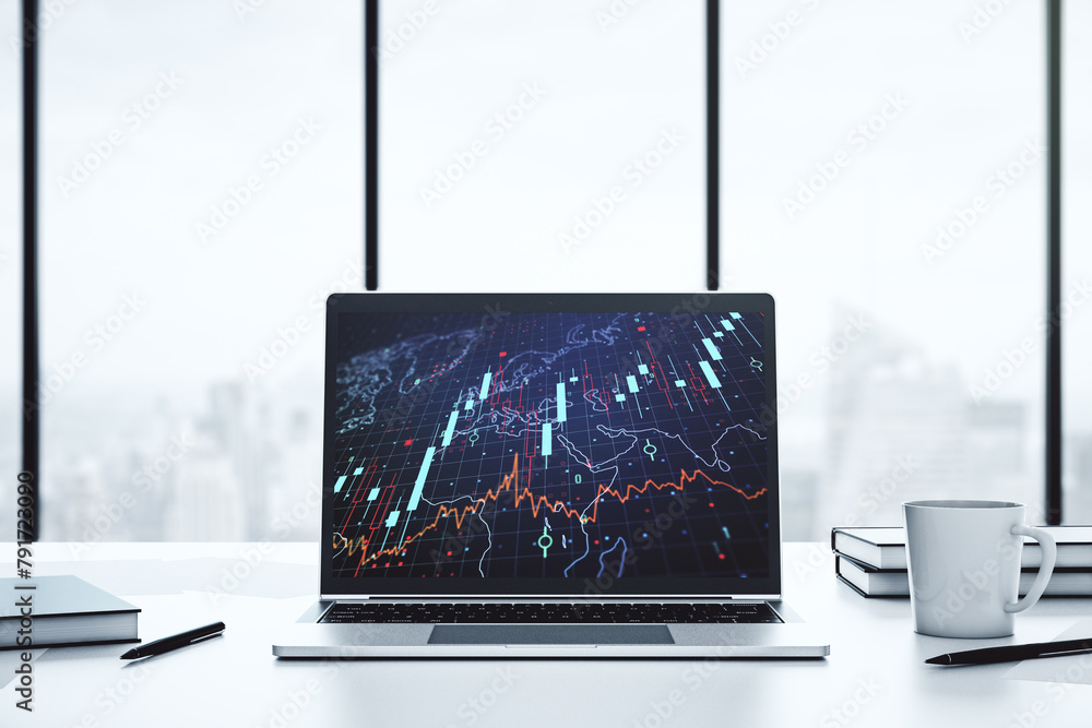 Leinwandbilder abstract creative financial diagram with world map on modern computer monitor, banking and accountin