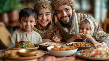 Fototapeta premium an Islamic father and children joyfully eating meal together, smiling taking family photo, Generative Ai