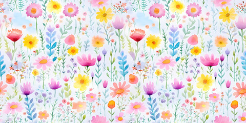 Colorful cheerful flowers meadow seamless pattern. Vibrant colors painting style.