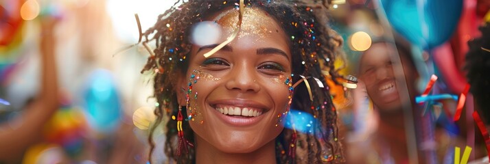 A joyful photograph of a smiling woman in a carnival street procession. Generative Ai.