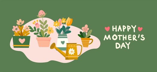 Happy Mother's Day - cute composition of cartoon flat elements in vintage color scheme. For banners, posters, cards, labels, stickers, advertising. Spring digital illustration.