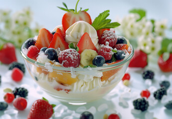vibrant fruit salad with ice cream, chopped strawberries, kiwi, banana, mint and blueberries in a bowl
