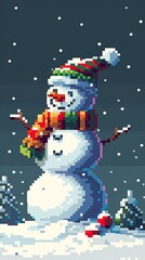 Naklejka premium A pixel art snowman with a colorful scarf and Santa hat enjoys a peaceful snowfall on a serene winter night.