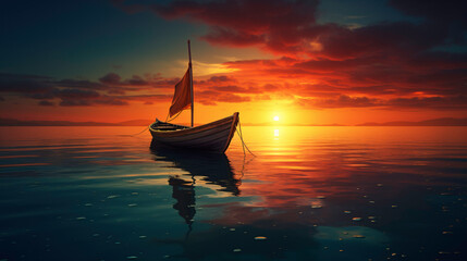 a boat on water with a sunset in the background - Powered by Adobe