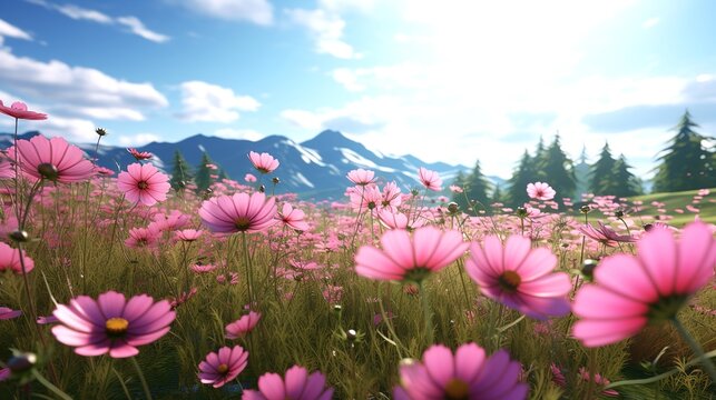 Field of Cosmos Flower Landscape: 8K Photorealistic Image